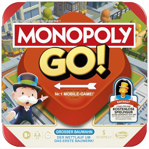 Monopoly GO! Brettspiel - Deutsche Version, Spiel zur beliebten Online-Version, schnelles Strategiespiel für die ganze Familie, lustige Weihnachtsaktivitäten für 2 bis 4 Spieler